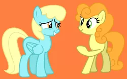 Size: 854x533 | Tagged: safe, artist:katliynrusshia, artist:maddieadopts, derpibooru import, carrot top, golden harvest, sassaflash, earth pony, pegasus, pony, background pony, base used, blank flank, buddies, carrotflash, cute, cutie top, duo, duo female, female, folded wings, friends, grin, image, lesbian, mare, narrowed eyes, orange background, png, sassabetes, shipping, simple background, smiling, wings