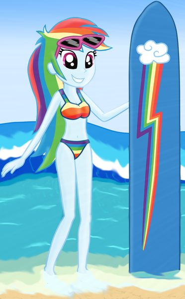 Size: 1622x2613 | Tagged: safe, artist:majkashinoda626, derpibooru import, rainbow dash, equestria girls, barefoot, beach, belly button, bikini, clothes, cropped, cute, dashabetes, feet, female, image, png, solo, sunglasses, surfboard, swimsuit