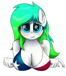 Size: 1300x1500 | Tagged: suggestive, artist:ponynamedmixtape, derpibooru import, oc, oc:gumdrop, unofficial characters only, anthro, earth pony, bikini, bikini top, blushing, breasts, clothes, female, flag bikini, image, lip bite, lying down, png, solo, solo female, swimsuit, texas