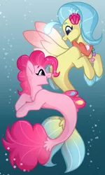 Size: 1152x1914 | Tagged: safe, artist:krypticquartz, derpibooru import, pinkie pie, princess skystar, earth pony, pony, seapony (g4), my little pony: the movie, bioluminescent, blue eyes, bubble, female, fin wings, fins, fish tail, flower, flower in hair, freckles, image, jewelry, looking at each other, necklace, open mouth, pearl necklace, png, seaponified, seapony pinkie pie, seashell, seashell necklace, smiling, species swap, speedpaint, tail, underwater, water, wings