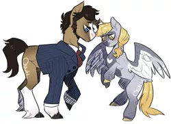 Size: 2000x1449 | Tagged: safe, artist:owl-clockwork, derpibooru import, derpy hooves, doctor whooves, time turner, pony, alternate design, clothes, doctorderpy, female, image, male, png, shipping, simple background, straight, white background