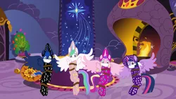 Size: 1280x720 | Tagged: safe, artist:brightstar40k, derpibooru import, princess cadance, princess celestia, princess luna, twilight sparkle, alicorn, pony, arm behind back, bondage, bound and gagged, cloth gag, clothes, female, footed sleeper, footie pajamas, gag, image, jpeg, kidnapped, mare, onesie, otn gag, over the nose gag, pajamas, princess, rope, rope bondage, sleepover, slumber party, surprised, tied up