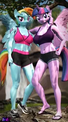 Size: 2160x3840 | Tagged: safe, artist:shadowboltsfm, derpibooru import, rainbow dash, twilight sparkle, alicorn, anthro, pegasus, plantigrade anthro, 3d, 4k, belly button, bra, breasts, busty rainbow dash, busty twilight sparkle, clothes, crop top bra, denim shorts, duo, exposed belly, eyelashes, female, flip-flops, hand on hip, heel pop, image, looking at you, midriff, nail polish, png, sandals, shoes, shorts, smiling, smiling at you, sneakers, source filmmaker, sports bra, standing, twilight sparkle (alicorn), underwear, wings