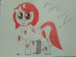 Size: 4160x3120 | Tagged: semi-grimdark, artist:theunidentifiedchangeling, derpibooru import, oc, oc:revy(theunidentifiedchangeling), unofficial characters only, pony, unicorn, amputee, arrow, attempted murder, blank flank, blood, blood splatter, broken horn, broken sword, closed mouth, exposed bone, exposed muscle, eyes open, female, happy, high res, horn, image, injured, jpeg, looking at you, mouth closed, name, not dead, open eyes, smiling, smiling at you, solo, still alive, sword, traditional art, weapon