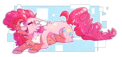 Size: 1446x674 | Tagged: safe, artist:dazzledoves, derpibooru import, pinkie pie, earth pony, pony, abstract background, cheek fluff, chest fluff, colored pinnae, cutie mark, female, fluffy, image, looking at you, lying down, one eye closed, open mouth, pale belly, png, prone, simple background, smiling, solo, transparent background, wink