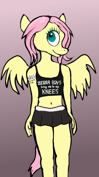 Size: 387x692 | Tagged: suggestive, artist:nastipone, derpibooru import, fluttershy, anthro, pegasus, breasts, camisole, clothes, delicious flat chest, female, flattershy, gradient background, image, png, skirt, solo, solo female, tattoo, zebradom, zebra supremacy