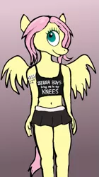 Size: 387x692 | Tagged: suggestive, artist:nastipone, derpibooru import, fluttershy, anthro, pegasus, breasts, camisole, clothes, delicious flat chest, female, flattershy, gradient background, image, png, skirt, solo, solo female, tattoo, zebradom, zebra supremacy