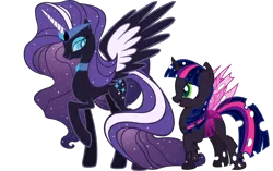 Size: 1500x942 | Tagged: safe, derpibooru import, edit, idw, vector edit, nightmare rarity, rarity, twilight sparkle, alicorn, changeling, alicornified, alternate design, changelingified, female, image, lesbian, nightmare raricorn, nightmare rarilight, png, purple changeling, race swap, rarilight, shipping, simple background, species swap, spread wings, transparent background, vector, wings