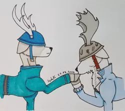 Size: 2226x1974 | Tagged: safe, artist:agdapl, derpibooru import, deer, moose, antlers, clothes, crossover, deerified, duo, helmet, hoof kissing, image, jpeg, male, raised hoof, signature, soldier, species swap, team fortress 2, traditional art