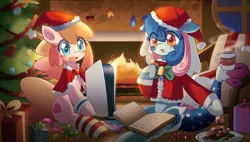 Size: 1907x1080 | Tagged: artist needed, safe, derpibooru import, oc, oc:electronia, oc:lyre wave, unofficial characters only, book, china, christmas, christmas tree, cookie, fire, fireplace, food, hat, holiday, image, jpeg, mascot, mug, playstation 5, present, qingdao, qingdao brony festival, santa hat, tree