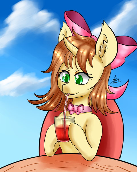 Size: 1600x2000 | Tagged: safe, artist:zachc, derpibooru import, oc, oc:cinnamon stick, unofficial characters only, pony, unicorn, bow, cute, drink, drinking, female, image, png, ribbon, sitting, sky, table