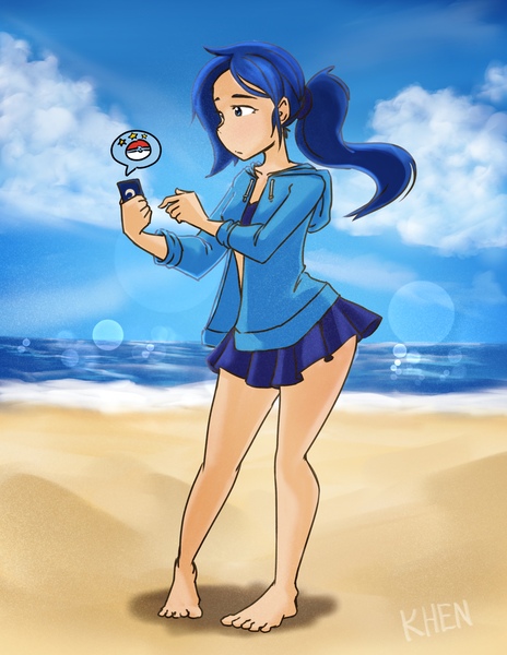 Size: 2550x3300 | Tagged: safe, artist:kprovido, derpibooru import, princess luna, human, barefoot, beach, clothes, cute, feet, female, hoodie, humanized, image, jpeg, legs, miniskirt, mobile phone, phone, pokémon, pokémon go, ponytail, skirt, smartphone, summer