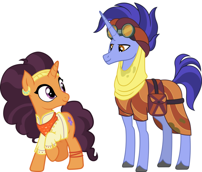 Size: 8070x6902 | Tagged: safe, artist:koolfrood, artist:outlaw4rc, derpibooru import, edit, hoo'far, saffron masala, pony, saddle arabian, unicorn, road to friendship, spice up your life, absurd resolution, bag, bandana, chef, clothes, duo, ear piercing, female, goggles, image, indian, male, piercing, png, raised hoof, saddle bag, saf'far, shipping, simple background, stallion, straight, sweat, transparent background, typo in the description, vector