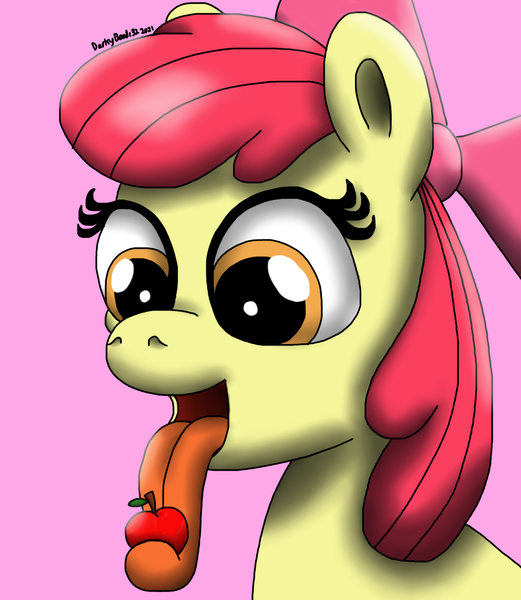 Size: 1333x1536 | Tagged: safe, artist:darkyboode32, derpibooru import, apple bloom, earth pony, pony, apple, apple bloom's bow, bow, derpibooru exclusive, female, filly, food, hair bow, herbivore, image, long tongue, open mouth, png, simple background, solo, tongue out, traditional art