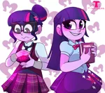 Size: 5589x5000 | Tagged: safe, artist:t-whiskers, derpibooru import, sci-twi, twilight sparkle, equestria girls, friendship games, absurd resolution, blushing, book, clothes, crystal prep academy uniform, duality, glow, image, jpeg, magic capture device, school uniform, self paradox, smiling, twolight