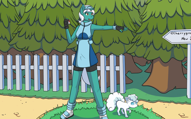 Size: 1280x800 | Tagged: safe, artist:magic-violet, derpibooru import, oc, oc:qen, anthro, unicorn, vulpix, ace trainer, fence, forest, image, png, pokémon, sign, solo, tree