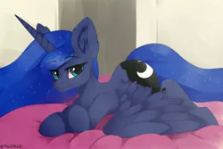 Size: 4096x2731 | Tagged: safe, artist:thesas110, derpibooru import, princess luna, alicorn, pony, big ears, chest fluff, ear fluff, female, high res, horn, image, jpeg, looking at you, lying down, mare, prone