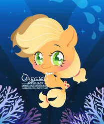 Size: 1563x1866 | Tagged: safe, artist:catseyeart, derpibooru import, applejack, earth pony, pony, seapony (g4), 2017, applejack's hat, blushing, bubble, chibi, cowboy hat, dorsal fin, female, fish tail, flowing mane, flowing tail, green eyes, hat, image, jewelry, jpeg, logo, looking at you, necklace, ocean, seaponified, seapony applejack, smiling, solo, sparkles, species swap, starry eyes, tail, underwater, water, wingding eyes