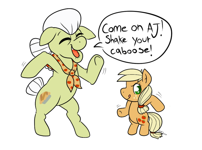 Size: 969x721 | Tagged: safe, artist:therainbowtroll, derpibooru import, applejack, granny smith, earth pony, pony, bipedal, cute, dancing, drawthread, duo, eyes closed, female, filly, filly applejack, grandmother and grandchild, image, png, requested art, silly, silly pony, simple background, speech bubble, white background, who's a silly pony, younger, younger applejack