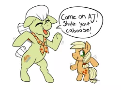 Size: 969x721 | Tagged: safe, artist:therainbowtroll, derpibooru import, applejack, granny smith, earth pony, pony, bipedal, cute, dancing, drawthread, duo, eyes closed, female, filly, filly applejack, grandmother and grandchild, image, png, requested art, silly, silly pony, simple background, speech bubble, white background, who's a silly pony, younger, younger applejack