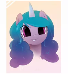 Size: 1096x1200 | Tagged: safe, alternate version, artist:flutterstormreturns, derpibooru import, izzy moonbow, pony, unicorn, abstract background, bust, cute, female, g5, grin, happy, image, izzybetes, jpeg, looking at you, mare, portrait, smiling, solo, teeth