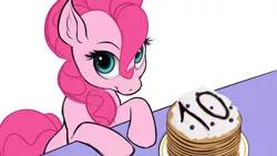 Size: 1920x1080 | Tagged: safe, artist:mercurial64, derpibooru import, pinkie pie, earth pony, pony, derpibooru exclusive, food, happy birthday mlp:fim, image, looking at you, mlp fim's tenth anniversary, pancakes, plate, png, sitting, smiling, solo, table