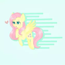 Size: 768x768 | Tagged: safe, artist:cinnavee, derpibooru import, fluttershy, pegasus, pony, abstract background, female, heart, image, jpeg, mare, raised hoof, solo, wings