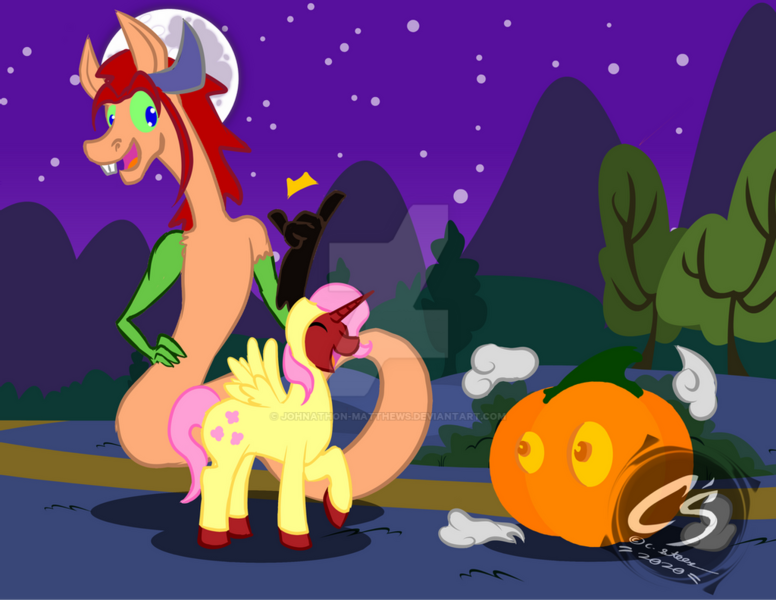 Size: 1024x792 | Tagged: safe, artist:adhiguna, artist:johnathon-matthews, derpibooru import, discord, fluttershy, oc, oc:artisan keyblade, oc:khunis jirall, alicorn, draconequus, pony, unicorn, clothes, costume, deviantart watermark, image, inanimate tf, nightmare night, obtrusive watermark, png, pumpkin, transformation, watermark