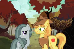 Size: 2064x1387 | Tagged: safe, anonymous artist, derpibooru import, braeburn, marble pie, earth pony, pony, autumn, braeble, crack shipping, female, forest, image, leaves, looking at each other, male, path, png, scenery, shipping, smiling, straight, tree, youtube link, youtube link in the description