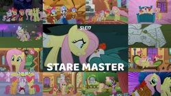 Size: 1970x1109 | Tagged: safe, derpibooru import, edit, edited screencap, editor:quoterific, screencap, apple bloom, elizabeak, fluttershy, scootaloo, sweetie belle, twilight sparkle, bird, chicken, cockatrice, earth pony, pegasus, pony, snail, unicorn, stare master, cutie mark crusaders, female, filly, fluttershy's cottage, fluttershy's cottage (interior), hush now quiet now, image, mare, petrification, png, stare, statue, the stare, unicorn twilight