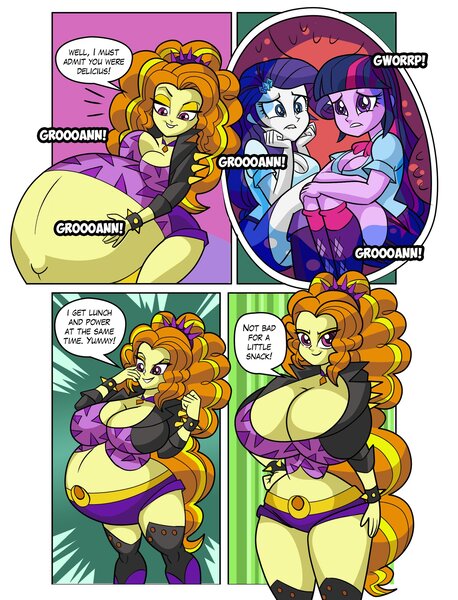 Size: 1562x2048 | Tagged: questionable, artist:art-2u, derpibooru import, adagio dazzle, rarity, twilight sparkle, equestria girls, absorption, belly, belly button, big belly, big breasts, bimbo, bimbo adagio, bracelet, breast expansion, breasts, busty adagio dazzle, busty rarity, busty twilight sparkle, cleavage, comic, curvy, digestion, female, fetish, growth, hourglass figure, huge belly, huge breasts, image, implied death, impossibly large belly, impossibly large breasts, internal, jpeg, lip bite, misspelling, multiple prey, post-vore, preylight, rariprey, soft vore, spiked wristband, victorious villain, vore, wide hips, wristband, x-ray