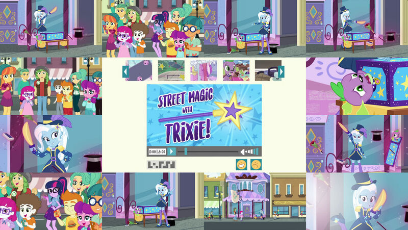 Size: 1280x721 | Tagged: safe, derpibooru import, edit, edited screencap, editor:quoterific, screencap, gallop j. fry, lily longsocks, little red, magic hat, sandalwood, sci-twi, spike, spike the regular dog, super funk, trixie, twilight sparkle, dog, human, equestria girls, equestria girls series, street magic with trixie, spoiler:eqg series (season 2), clothes, collage, duo, female, glasses, hand, hat, image, jpeg, magic, magic aura, magic hands, magic trick, male, open mouth, sword, teeth, weapon