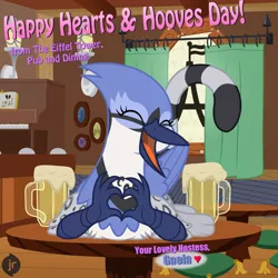 Size: 1920x1920 | Tagged: safe, artist:niggerfaggot, derpibooru import, oc, oc:gaela, unofficial characters only, gryphon, alcohol, curtains, happy, heart hands, hearts and hooves day, image, lamp, lying down, mug, musical instrument, open mouth, piano, picture frame, pillow, png, pose, smiling, stage, table, text, window