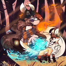 Size: 2000x2000 | Tagged: safe, artist:jxst-starly, derpibooru import, oc, oc:yasy, fox, pegasus, bandage, body markings, clothes, falling leaves, fence, fire, fire magic, flowing mane, fluffy, fluffy tail, forest, forest background, grass, grass field, grassy field, image, jewelry, leaves, long hair, long mane, long tail, magic, markings, necklace, pegasus oc, png, ponimal, rock, scarf, tree, tree trunks, water, water magic, wings, yellow grass