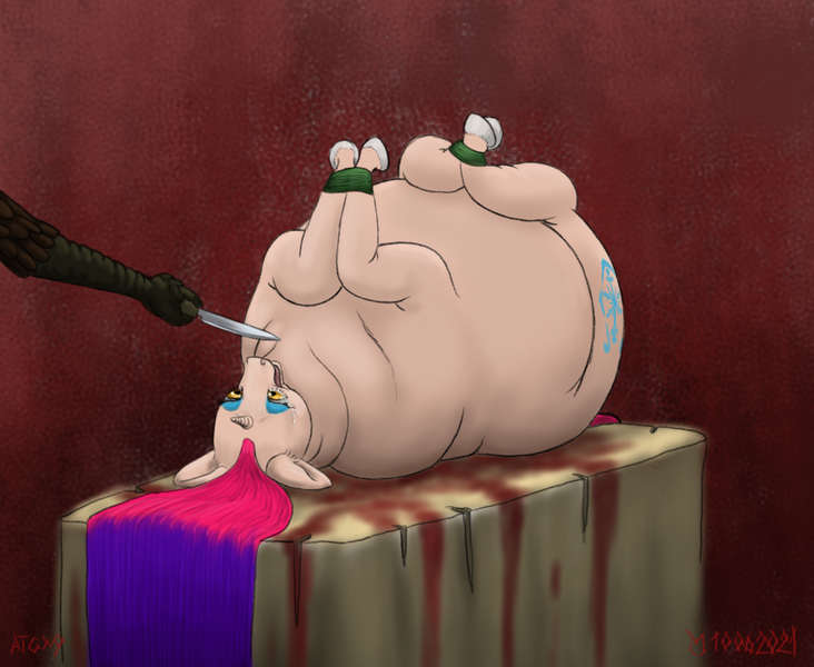 Size: 1200x984 | Tagged: grimdark, artist:soobel, derpibooru import, princess amore, alicorn, gryphon, pony, blood, fat, horror, image, imminent death, knife, nightmare, obese, png, slaughtering, violence