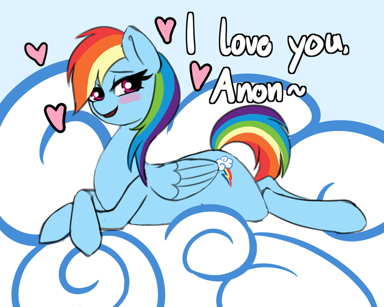 Size: 1500x1200 | Tagged: safe, artist:plaguemare, derpibooru import, rainbow dash, pegasus, pony, backwards cutie mark, blushing, bronybait, cloud, drawthread, female, floating heart, heart, i love you, image, implied anon, looking at you, on a cloud, png, requested art, smiling, smiling at you, solo, talking to viewer