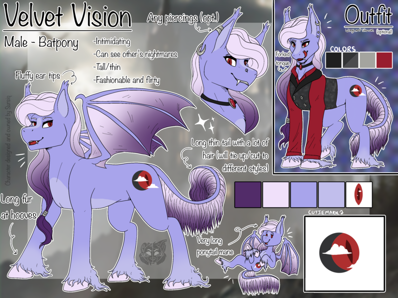 Size: 2732x2048 | Tagged: safe, artist:sursiq, derpibooru import, oc, oc:velvet vision, bat pony, pony, bat pony oc, bat wings, chibi, colored wings, cutie mark, ear fluff, fangs, forked tongue, image, intimidating, long hair, long mane, long tail, male, multicolored hair, multicolored mane, multicolored tail, multicolored wings, outfit, png, pony oc, ponytail, red eyes, reference sheet, slit eyes, slit pupils, solo, spread wings, unshaded, wings