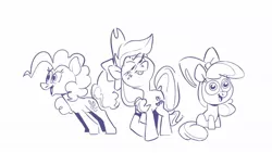 Size: 1280x720 | Tagged: safe, artist:kylesmeallie, derpibooru import, apple bloom, applejack, pinkie pie, earth pony, pony, bow, cowboy hat, female, filly, grayscale, hair bow, hat, image, jpeg, mare, monochrome, simple background, trio, white background