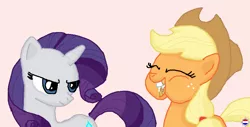 Size: 1002x511 | Tagged: safe, artist:dutch-brony, derpibooru import, applejack, rarity, look before you sleep, cheek bulge, eating, eyes closed, image, jpeg, rarity is not amused, unamused