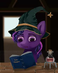 Size: 1920x2400 | Tagged: safe, artist:meodaiduoi, derpibooru import, twilight sparkle, pony, book, cottage, hat, image, jpeg, potion, solo, table, wizard hat