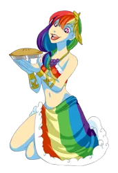 Size: 475x693 | Tagged: safe, artist:zoe-productions, derpibooru import, rainbow dash, human, the best night ever, apple, apple pie, belly button, bocas top, clothes, dress, food, gala dress, grand galloping gala, humanized, image, legs, midriff, pie, png, rainbow dash always dresses in style, side slit, simple background, skimpy outfit, solo, toga, transparent background