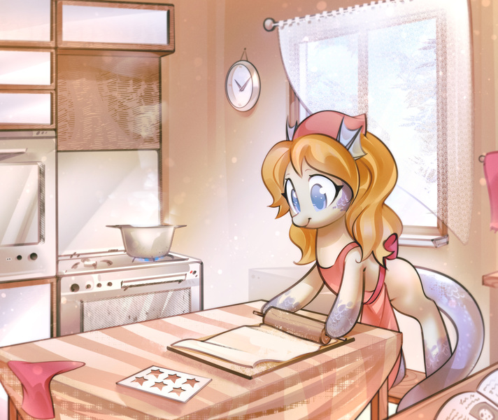 Size: 3240x2731 | Tagged: safe, artist:mirroredsea, derpibooru import, oc, oc:marina, unofficial characters only, hybrid, merpony, original species, apron, baking, clothes, commission, female, high res, image, jpeg, kitchen, rolling pin, solo
