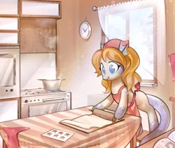 Size: 3240x2731 | Tagged: safe, artist:mirroredsea, derpibooru import, oc, oc:marina, unofficial characters only, hybrid, merpony, original species, apron, baking, clothes, commission, female, high res, image, jpeg, kitchen, rolling pin, solo