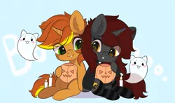 Size: 951x560 | Tagged: safe, artist:yomechka, derpibooru import, oc, oc:ember stone, oc:radray, unofficial characters only, pony, unicorn, clothes, commission, couple, halloween, holding hooves, holiday, image, looking at each other, love, png, socks, striped socks, ych result