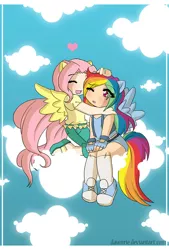 Size: 677x1000 | Tagged: safe, artist:dawnrie, derpibooru import, fluttershy, rainbow dash, human, chibi, clothes, cloud, eared humanization, eye clipping through hair, eyes closed, female, fingerless gloves, floating heart, flutterdash, gloves, hand on head, heart, hug, humanized, image, jpeg, lesbian, on a cloud, one eye closed, sandals, shipping, shoes, sitting, sitting on cloud, sky background, socks, winged humanization, wings