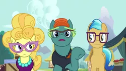 Size: 1280x720 | Tagged: safe, derpibooru import, screencap, bigger jim, lemon chiffon, plunkett, quantum leap (character), earth pony, pony, fame and misfortune, female, image, male, mare, png, quantum leap, stallion