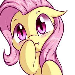 Size: 1600x1600 | Tagged: safe, artist:magician-horse, derpibooru import, fluttershy, bat pony, pony, :3, bat ponified, blushing, bust, covering mouth, cute, fangs, female, floppy ears, flutterbat, full face view, image, looking at you, mare, png, portrait, race swap, raised hoof, red eyes, shyabates, shyabetes, simple background, solo, transparent background