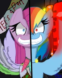 Size: 390x490 | Tagged: safe, artist:candysugarskullgirl9, derpibooru import, pinkie pie, rainbow dash, earth pony, pegasus, pony, fanfic:cupcakes, fanfic:rainbow factory, evil, fanfic art, image, life is a party, pinkamena diane pie, png, rainbow factory dash, red eyes, ron the death eater, smiling, two sides