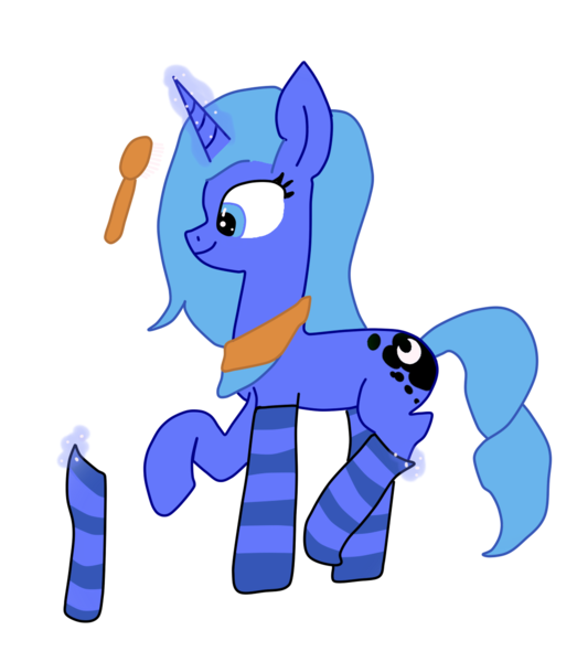 Size: 1080x1240 | Tagged: safe, artist:knowledge_mixing, derpibooru import, princess luna, oc, pony, brush, clothes, high tights, image, magic, mane brushing, png, scarf, simple background, socks, stockings, striped socks, telekinesis, thigh highs, transparent background