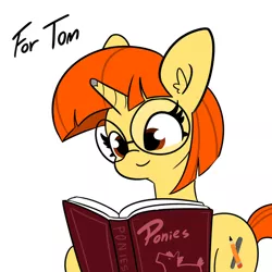 Size: 620x620 | Tagged: safe, artist:tjpones, derpibooru import, oc, oc:sam art s, pony, unicorn, book, cute, cutie mark, female, glasses, image, jpeg, mare, ocbetes, reading, simple background, smiling, white background